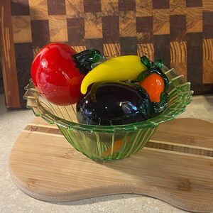 Hand Blown Art Glass Fruit Peppers Set Murano Style Apple Eggplant Chili Decor